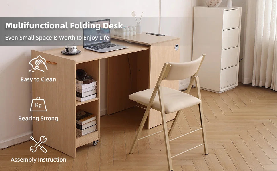 Wooden Home office Desk with Power Outlet, Storage Shelves & Wheels - Extendable Foldable table