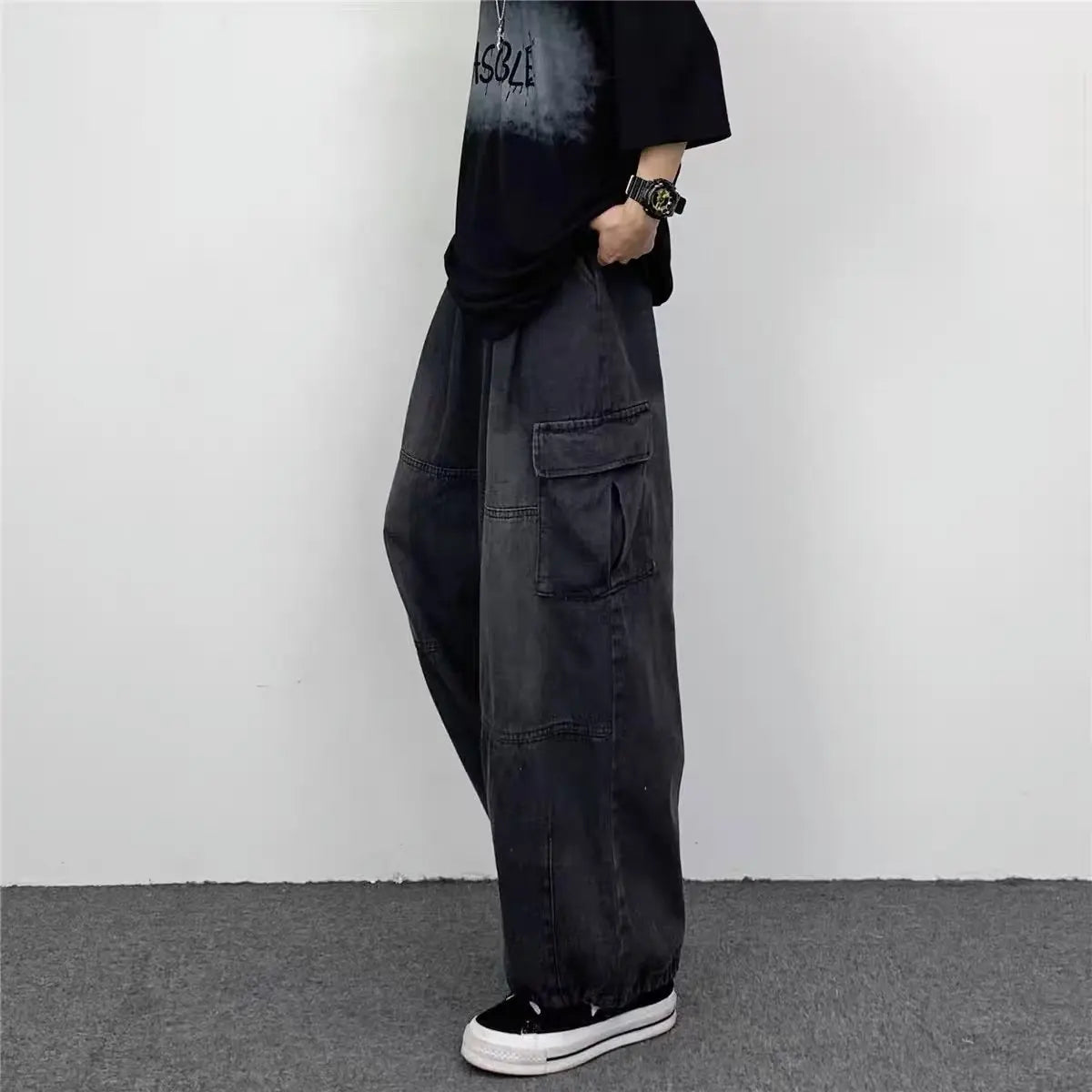 2024 Baggy Jeans Trousers Male Denim Pants Black Wide Leg Pants Men's Jeans Oversize Cargo Korean Streetwear Hip Hop Harajuku