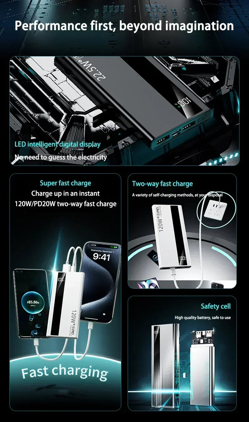 120W Power Bank 500000mAh High Capacity Super Fast Charging Power Bank Portable External Battery Charger For iPhone17 16 Huawei