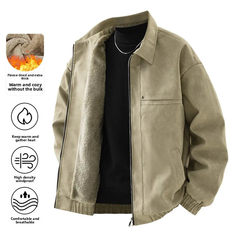 2025 Winter Fleece-Lined American Retro Turn-Down Collar Leather Jacket, Spring and Autumn Fleece-Lined Thickened Jacket