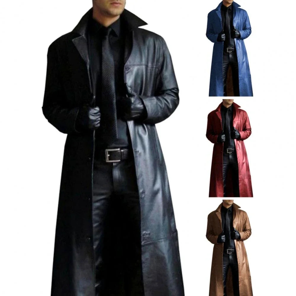 2026 New Men's Long Leather Jackets Goth Punk Button Trench Coat Solid Lapel Collar Long Pu Windbreaker Winter Leather Coats
