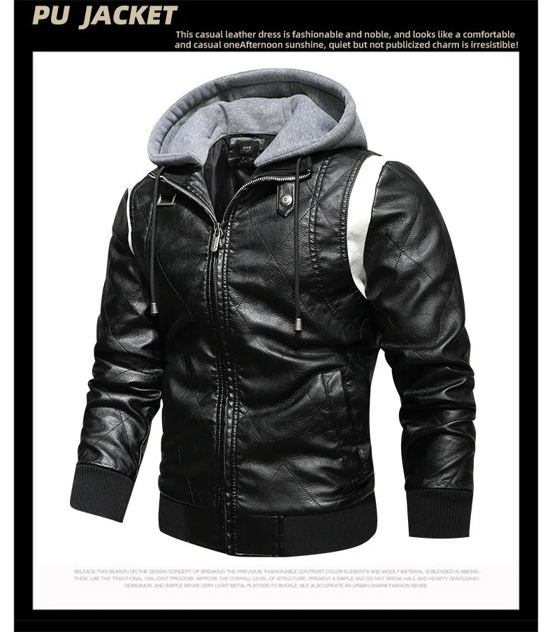 2025 New Men's Leather Jacket for Man Winter Warm PU Coat with Leather Hood Zippered Motorcycle Biker Jacket Autumn Clothes