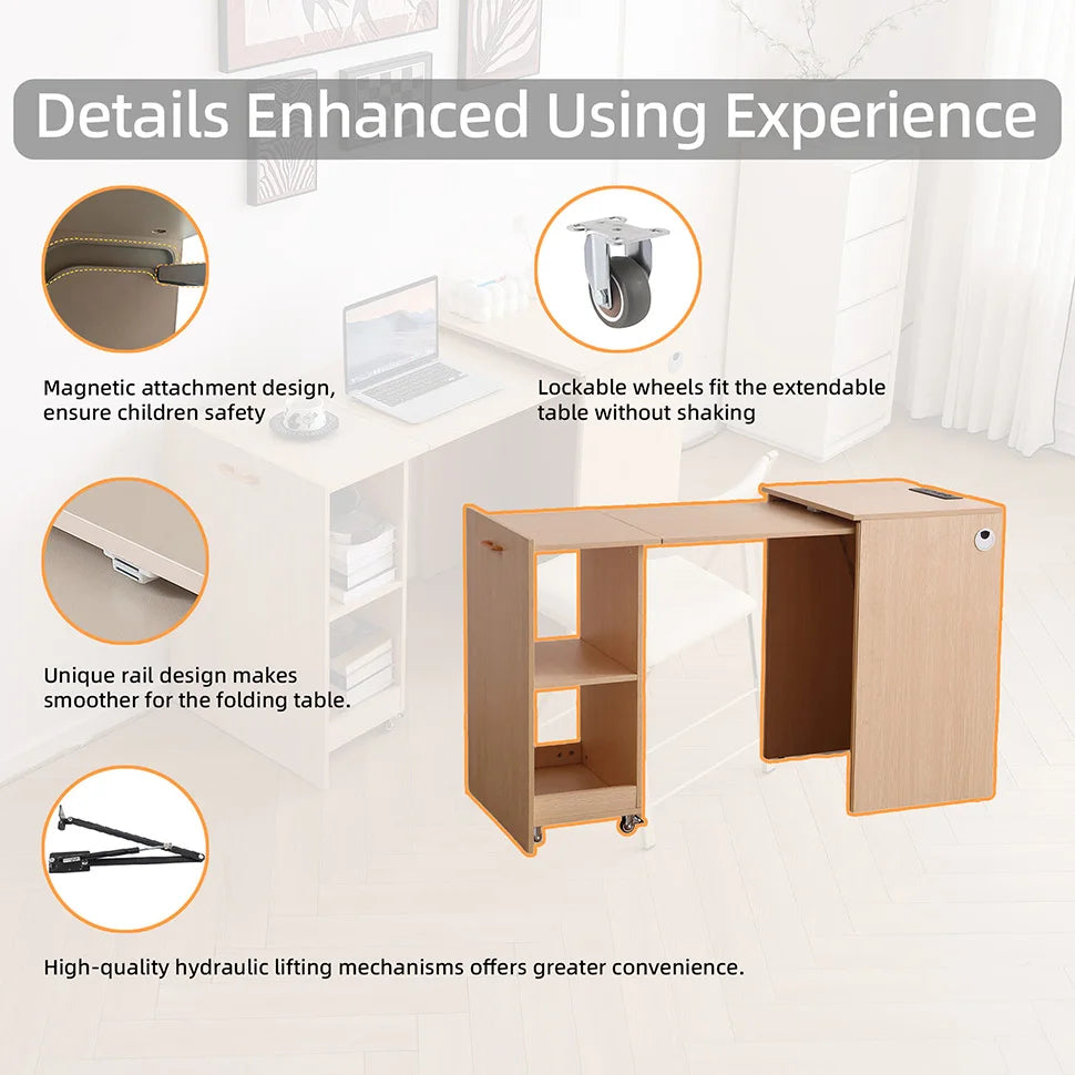 Wooden Home office Desk with Power Outlet, Storage Shelves & Wheels - Extendable Foldable table