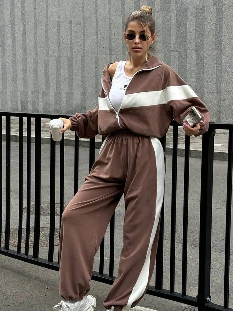 2026 Autumn New Casual Sporty Style Zipper Cardigan Long Pants Two-piece Set Fashion Color-blocking Loose Casual Suit for Women