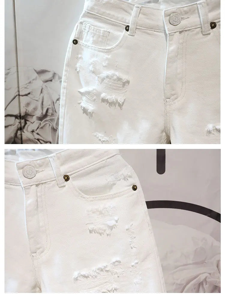 2022 Summer Fashion Cropped Men's Tattered Ripped Shorts Loose Straight Casual White Denim Pants Streetwear Men Boyfriend Jeans