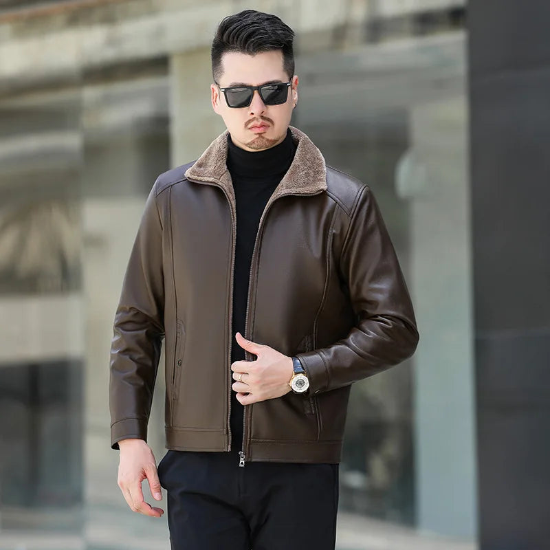2025 New Leather Jacket Men's Coat Fur One-piece Jacket Winter Plus Velvet Thickened Loose