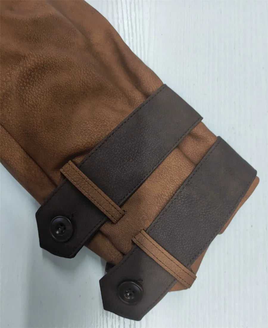 2026 New Men's Retro PU Leather Outdoor Long Jacket Autumn Winter Fleece Overcoat Casual Cowboy Outerwear Brown Patchwork Coat