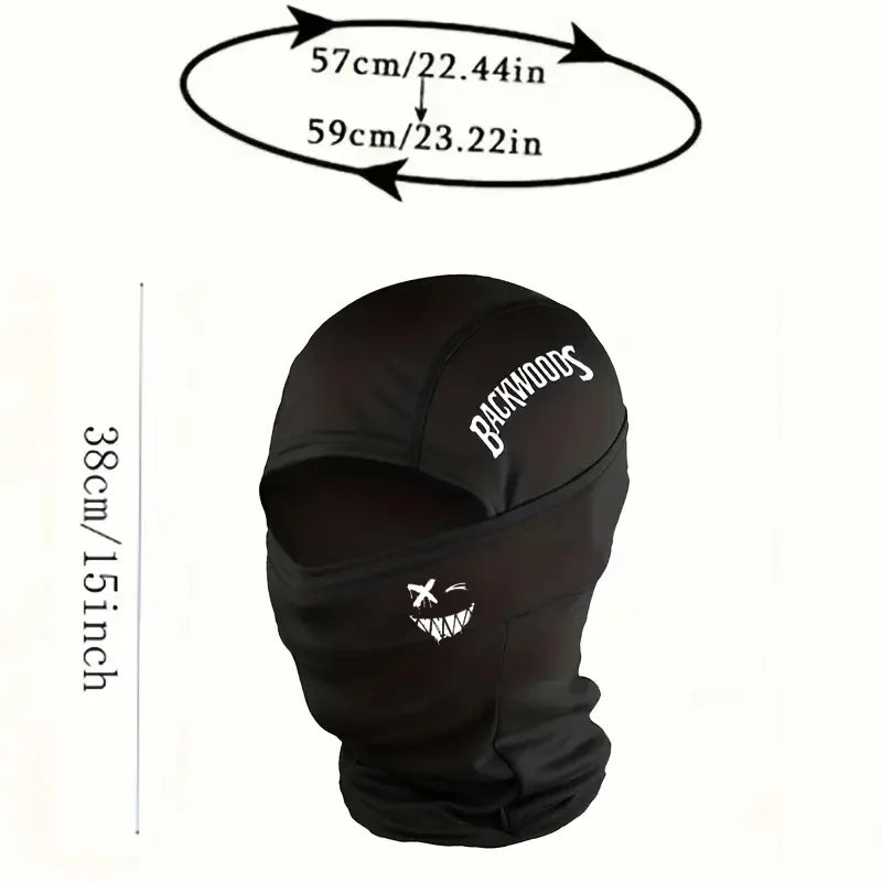 "BACKWOODS" letter and smiling face Balaclava cap full face mask, suitable for outdoor sports