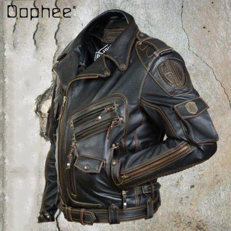 2025 Spring and Autumn New American Retro Black Slim Fit PU Leather Jacket Motorcycle Parka Harley Brown Riding Suit