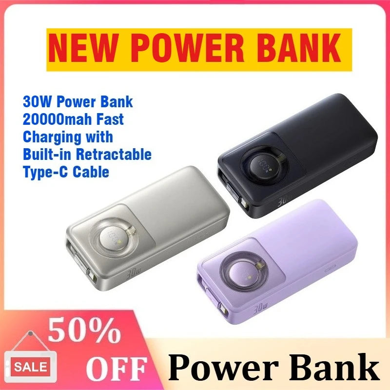20000mAh Portable Power Bank with Built -in Retractable Cable Support 30W Super Fast Charging Retractable Type-C for Smartphone
