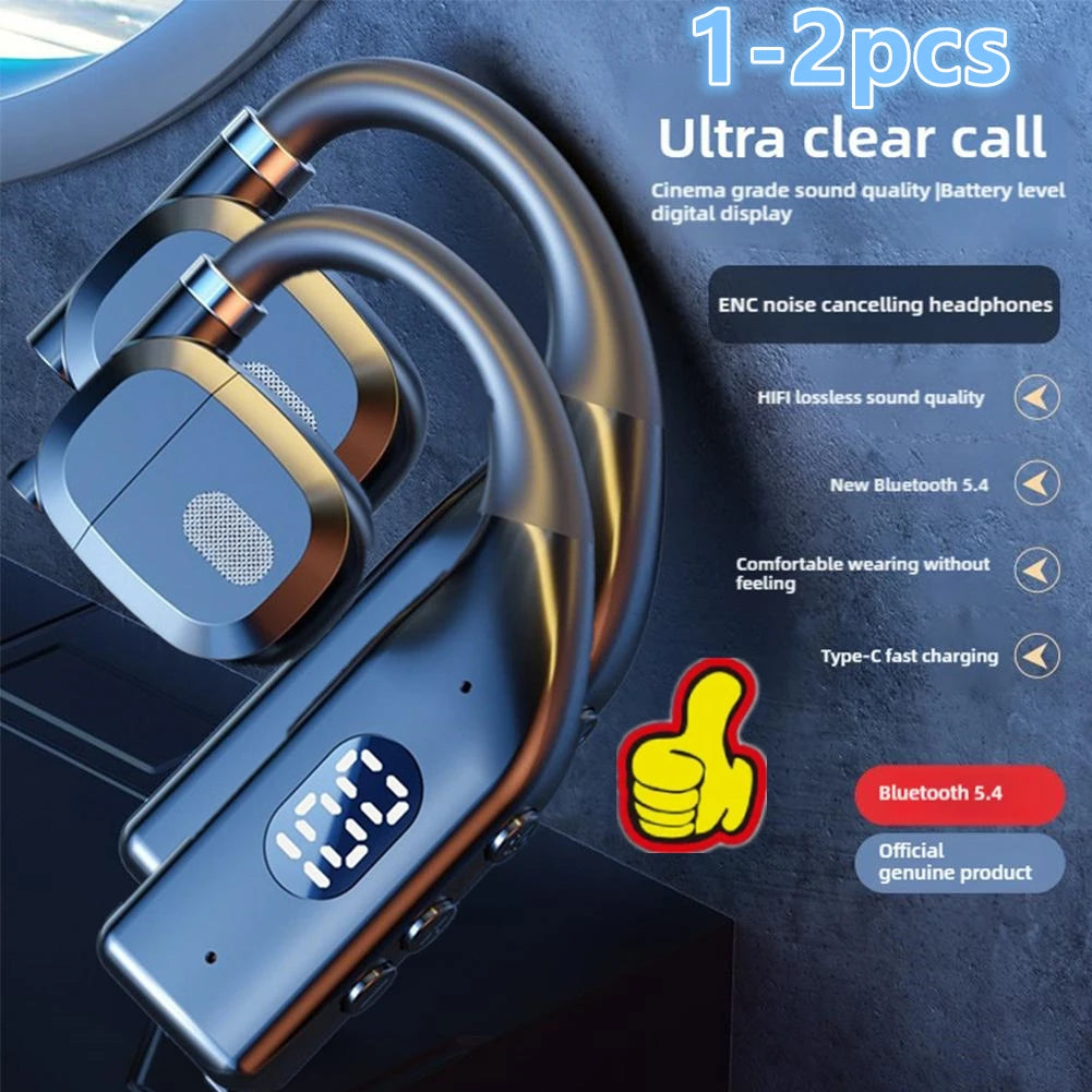 1-2Earhooks Wireless Bluetooth 5.4 Headphones Gaming Sports Headset HiFi Stereo Noise Reduction Earbuds Earphone With Microphone