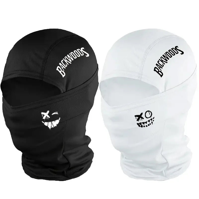 "BACKWOODS" letter and smiling face Balaclava cap full face mask, suitable for outdoor sports