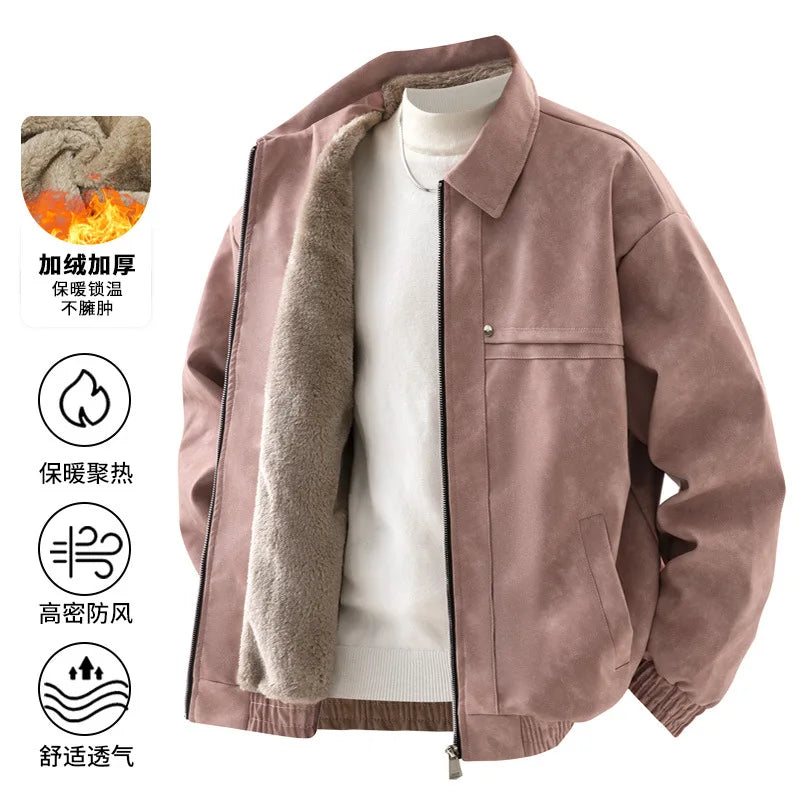 2025 Winter Fleece-Lined American Retro Turn-Down Collar Leather Jacket, Spring and Autumn Fleece-Lined Thickened Jacket