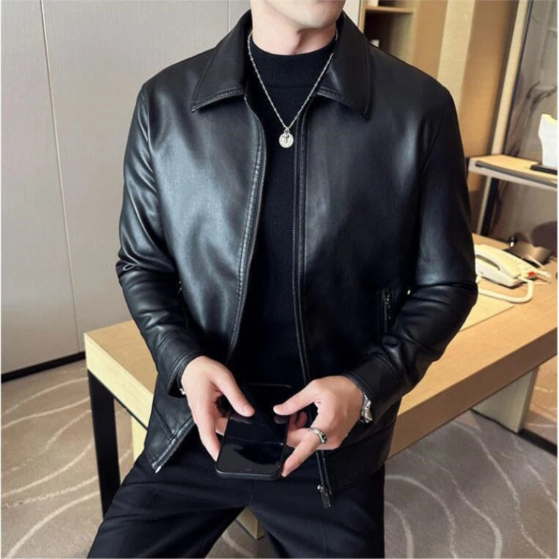 2024 Mens Fashion Leather Jacket Slim Fit Stand Collar Pu Jacket Male Anti-Wind Motorcycle Zipper Jackets Men 4Xl-M