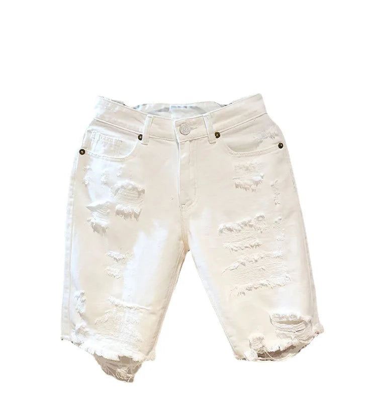 2022 Summer Fashion Cropped Men's Tattered Ripped Shorts Loose Straight Casual White Denim Pants Streetwear Men Boyfriend Jeans