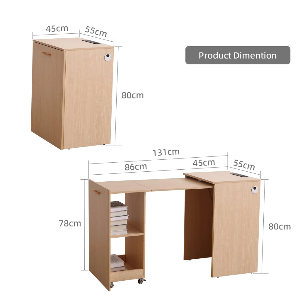 Wooden Home office Desk with Power Outlet, Storage Shelves & Wheels - Extendable Foldable table