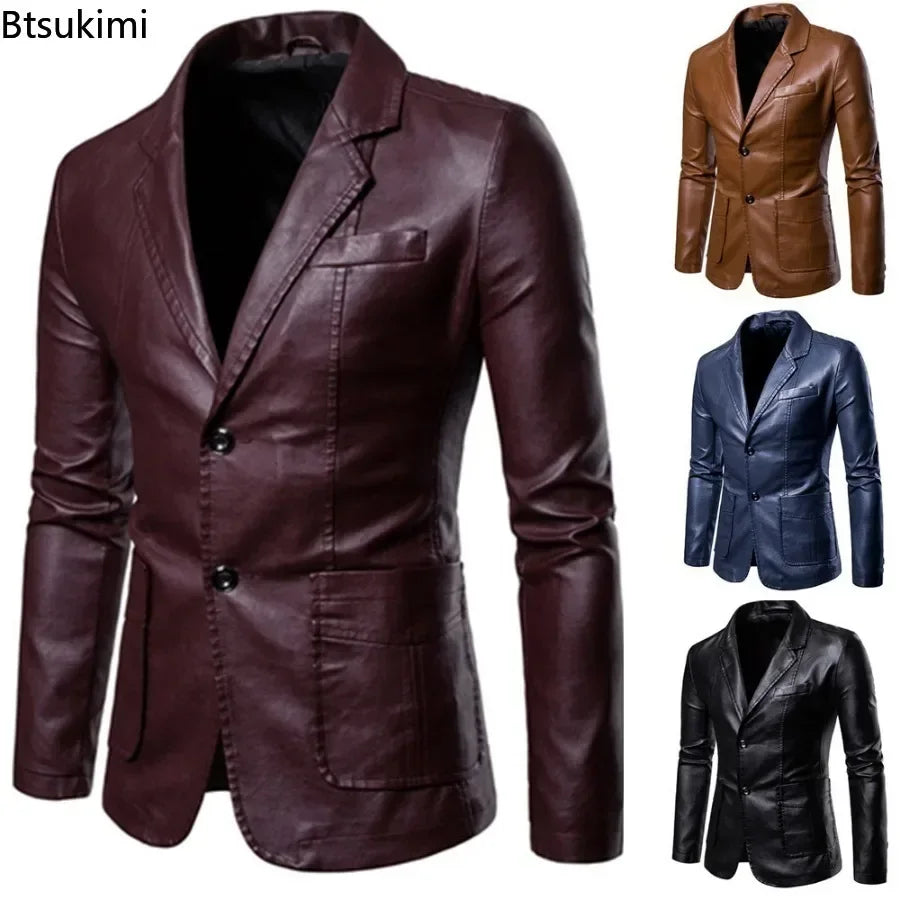 2026 Men's Leather Suits Jackets Blazers Slim Fashion Male PU Leather Overcoats Blazers Jackets Coats Oversized Leather Jacket