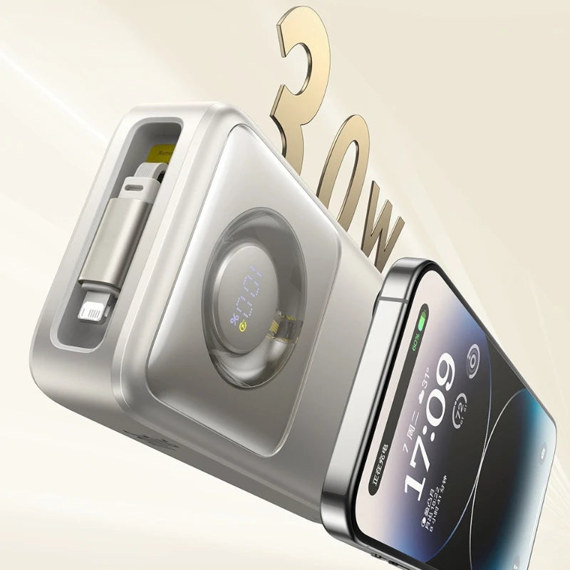 20000mAh Portable Power Bank with Built -in Retractable Cable Support 30W Super Fast Charging Retractable Type-C for Smartphone