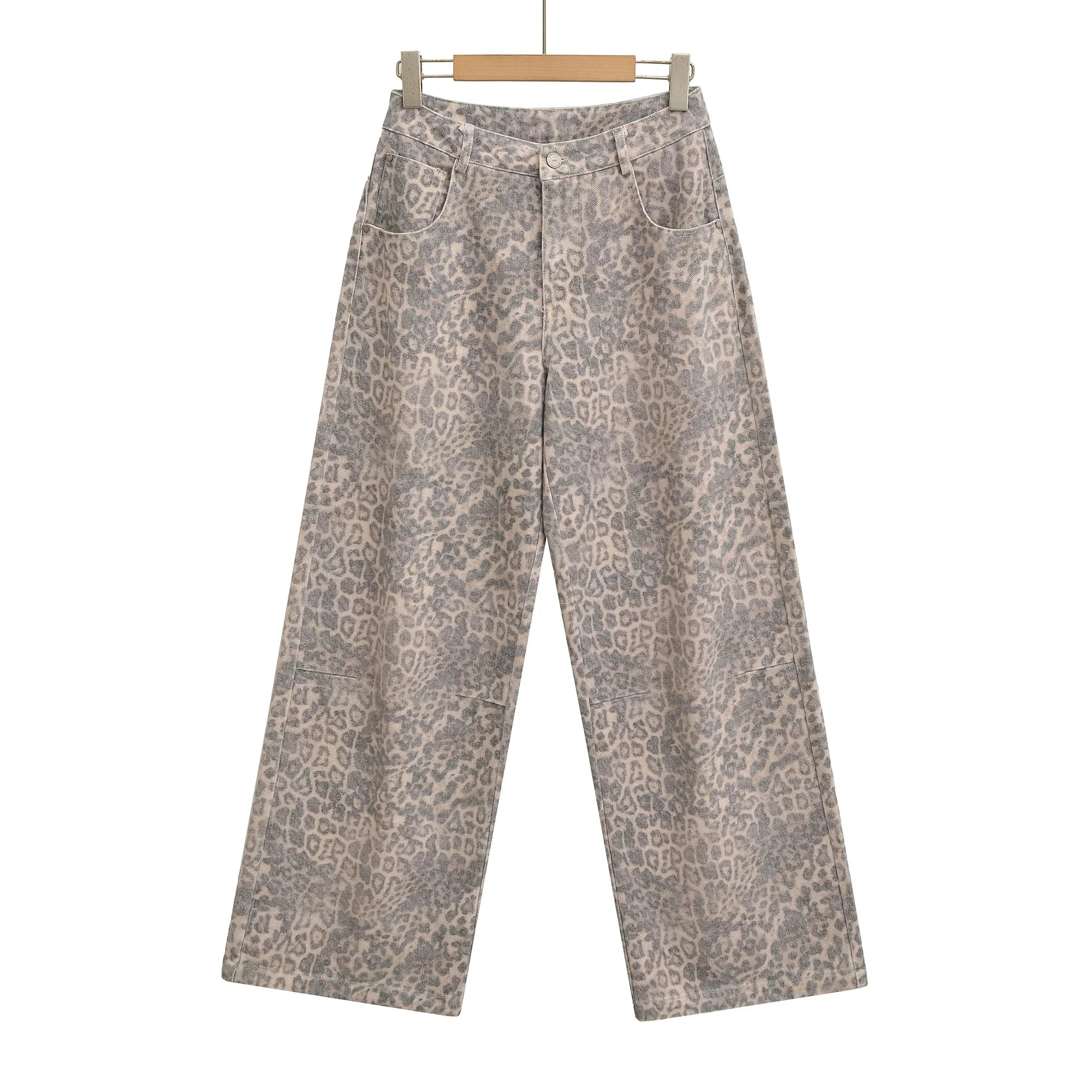 2025 Autumn Baggy Washing Animal Leopard Straight Wide Leg Jeans American Retro Women Loose Denim Pants Floor Length Trousers