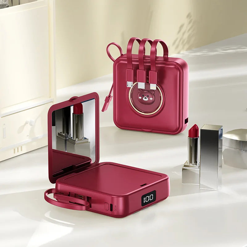 20000mAh 10000mAh 5000mAh Lightweight Power Bank with Built-in Four Wire Makeup Mirror Large Capacity and Cute Cartoon Design