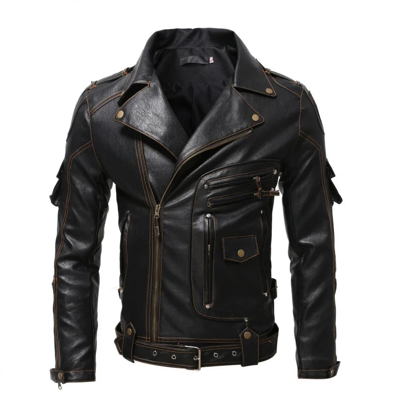2025 Spring and Autumn New American Retro Black Slim Fit PU Leather Jacket Motorcycle Parka Harley Brown Riding Suit