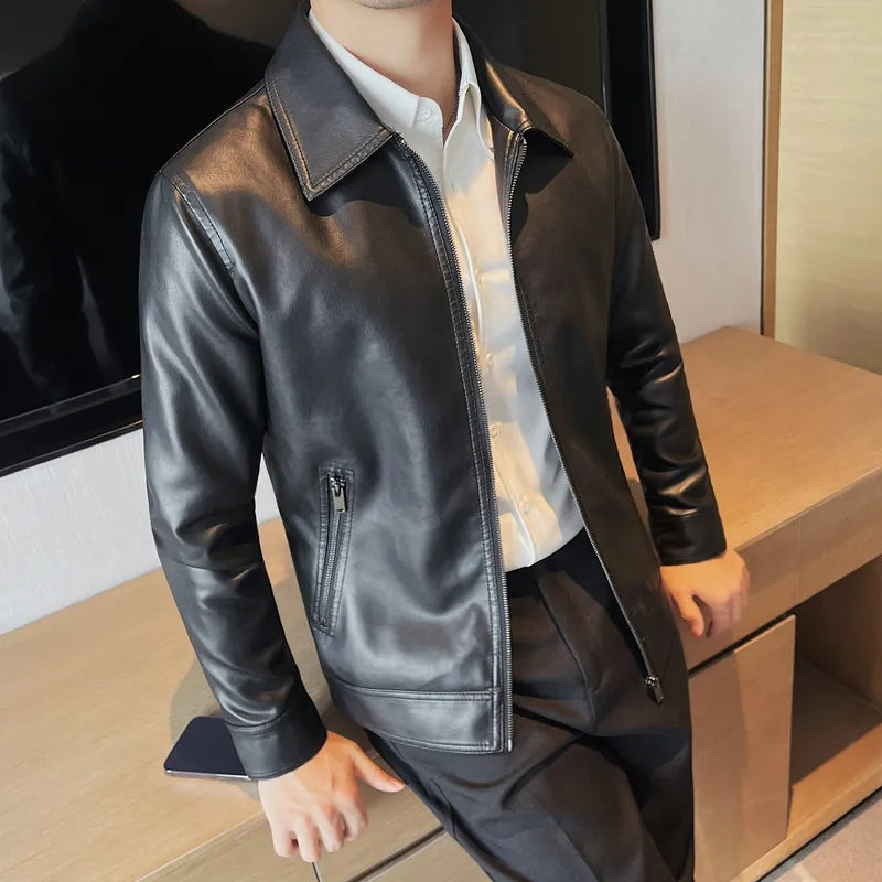 2024 Mens Fashion Leather Jacket Slim Fit Stand Collar Pu Jacket Male Anti-Wind Motorcycle Zipper Jackets Men 4Xl-M