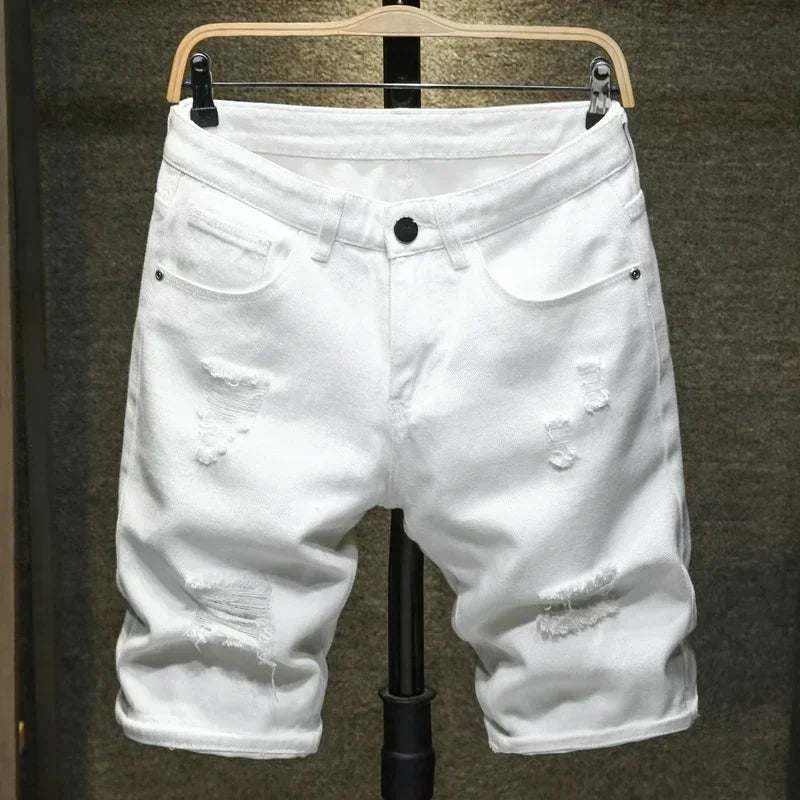 2024 New Summer Men's Casual Fashion Straight Denim Shorts Simple Ripped Streetwear Slim Fit Denim Shorts Male Black White
