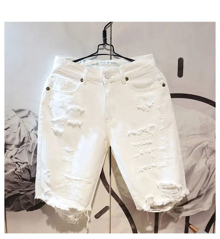 2022 Summer Fashion Cropped Men's Tattered Ripped Shorts Loose Straight Casual White Denim Pants Streetwear Men Boyfriend Jeans