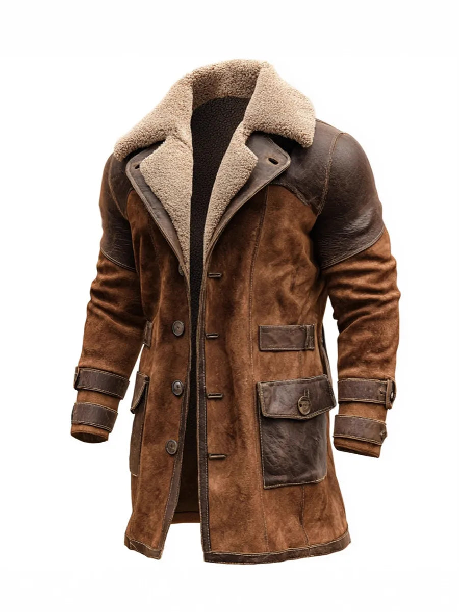 2026 New Men's Retro PU Leather Outdoor Long Jacket Autumn Winter Fleece Overcoat Casual Cowboy Outerwear Brown Patchwork Coat