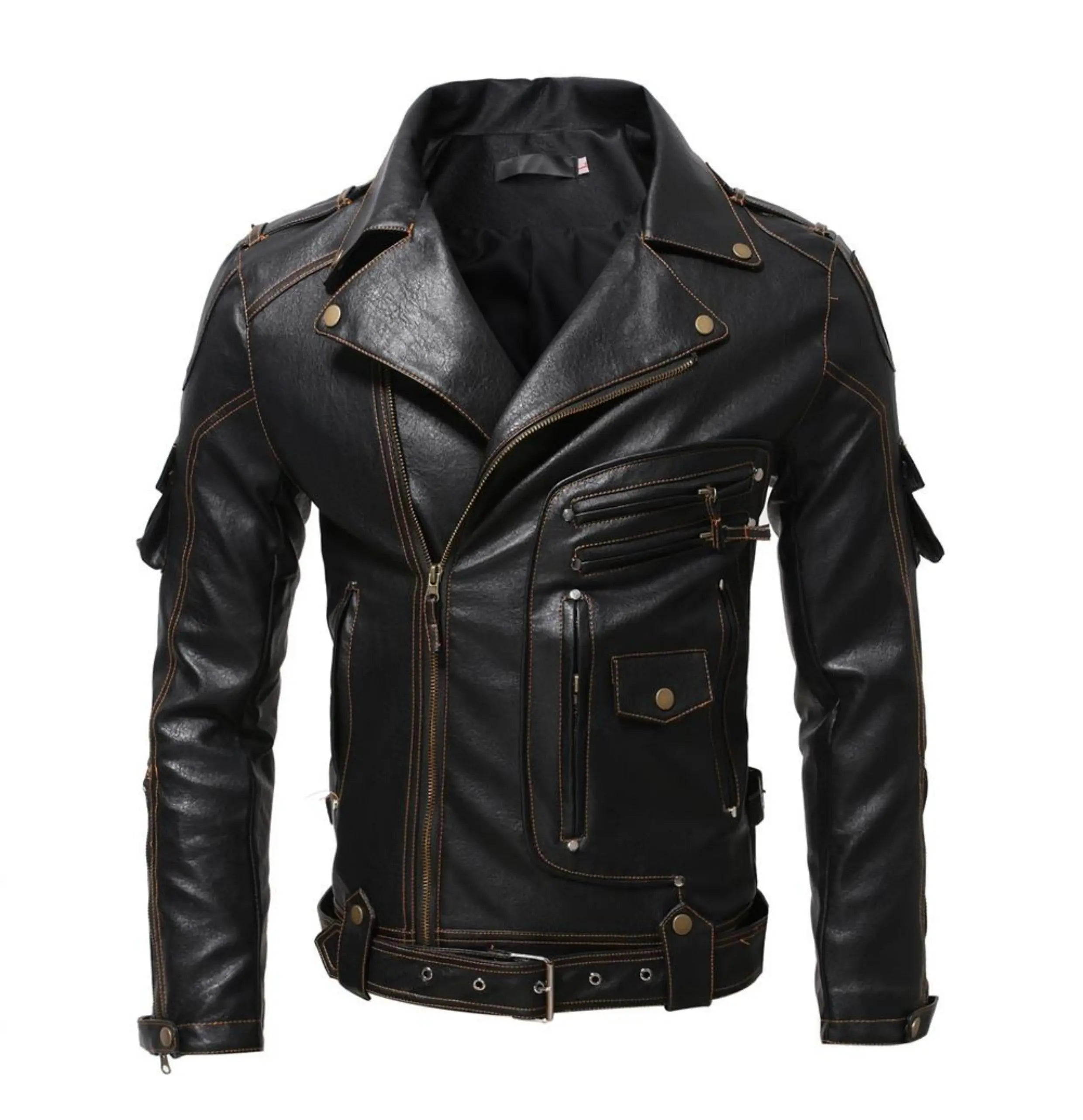 2025 Spring and Autumn New American Retro Black Slim Fit PU Leather Jacket Motorcycle Parka Harley Brown Riding Suit