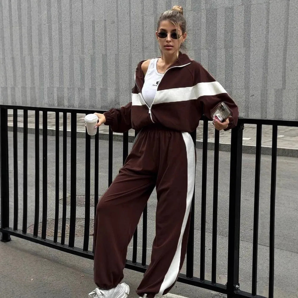 2025 Women's Casual Sport Trousers 2 Piece Set Loose And Fashion Zipper Cardigan Color-blocked Skinny Long Pants Female