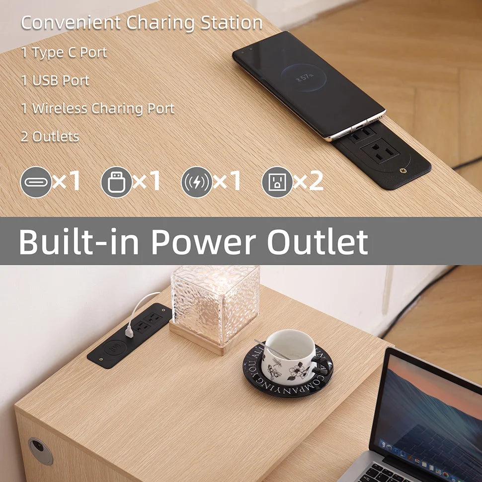 Wooden Home office Desk with Power Outlet, Storage Shelves & Wheels - Extendable Foldable table