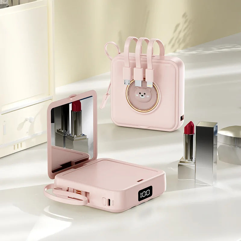 20000mAh 10000mAh 5000mAh Lightweight Power Bank with Built-in Four Wire Makeup Mirror Large Capacity and Cute Cartoon Design