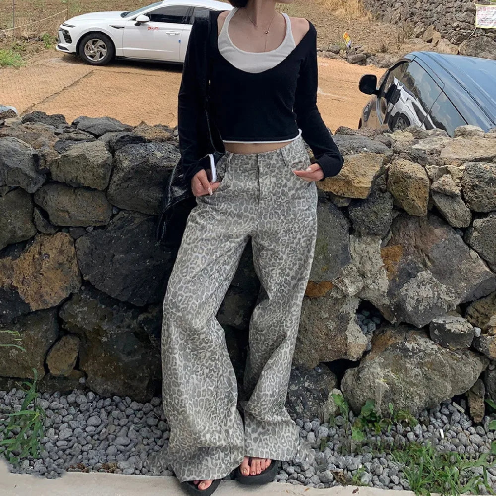 2025 Autumn Baggy Washing Animal Leopard Straight Wide Leg Jeans American Retro Women Loose Denim Pants Floor Length Trousers