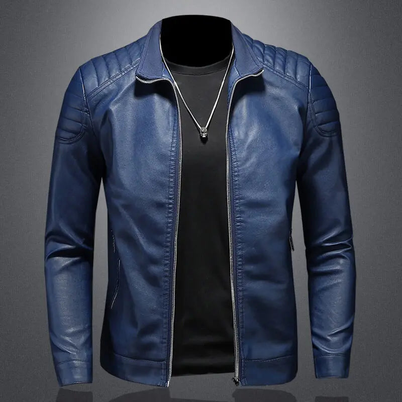 2024 Moto Pu Leather Jacket Men Winter Leahter Jacket Male Stand Collar Casual Windbreaker Trendy Mens Clothing Black Blue