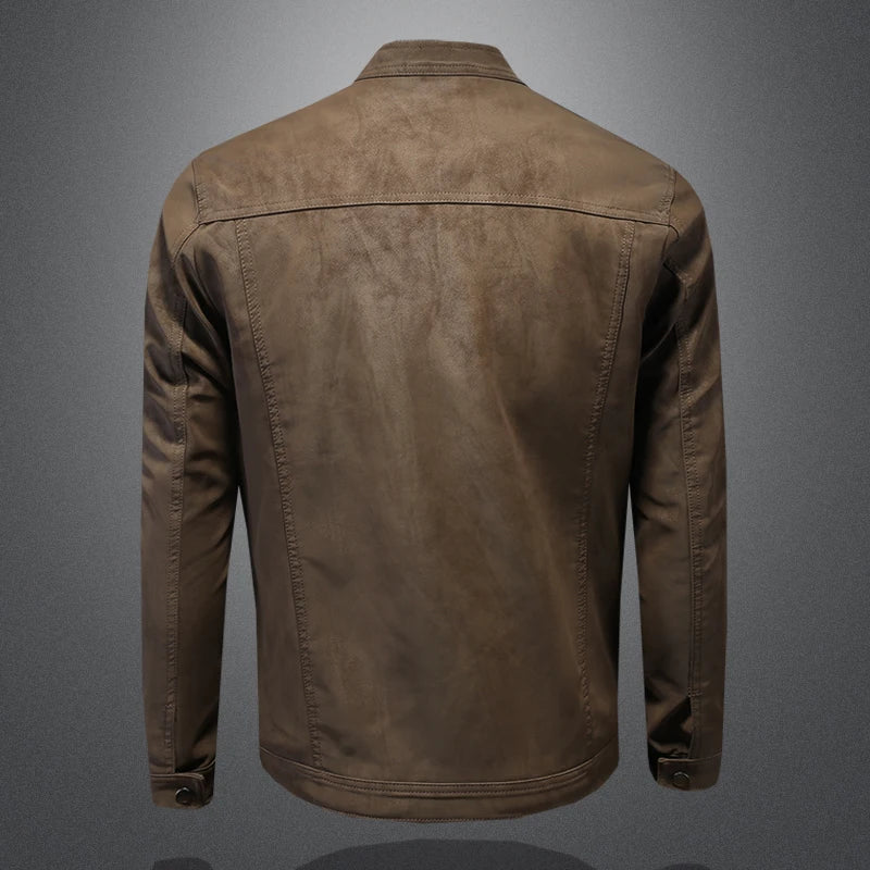 2025 new high-quality slim fit leather jacket, men's casual stand up collar motorcycle leather jacket,