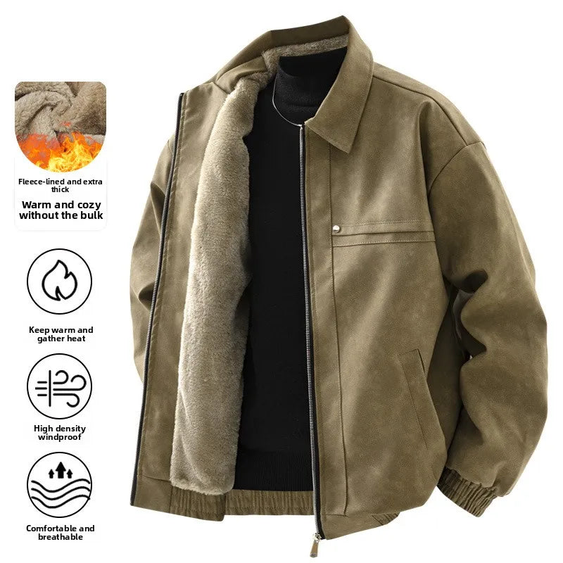2025 Winter Fleece-Lined American Retro Turn-Down Collar Leather Jacket, Spring and Autumn Fleece-Lined Thickened Jacket