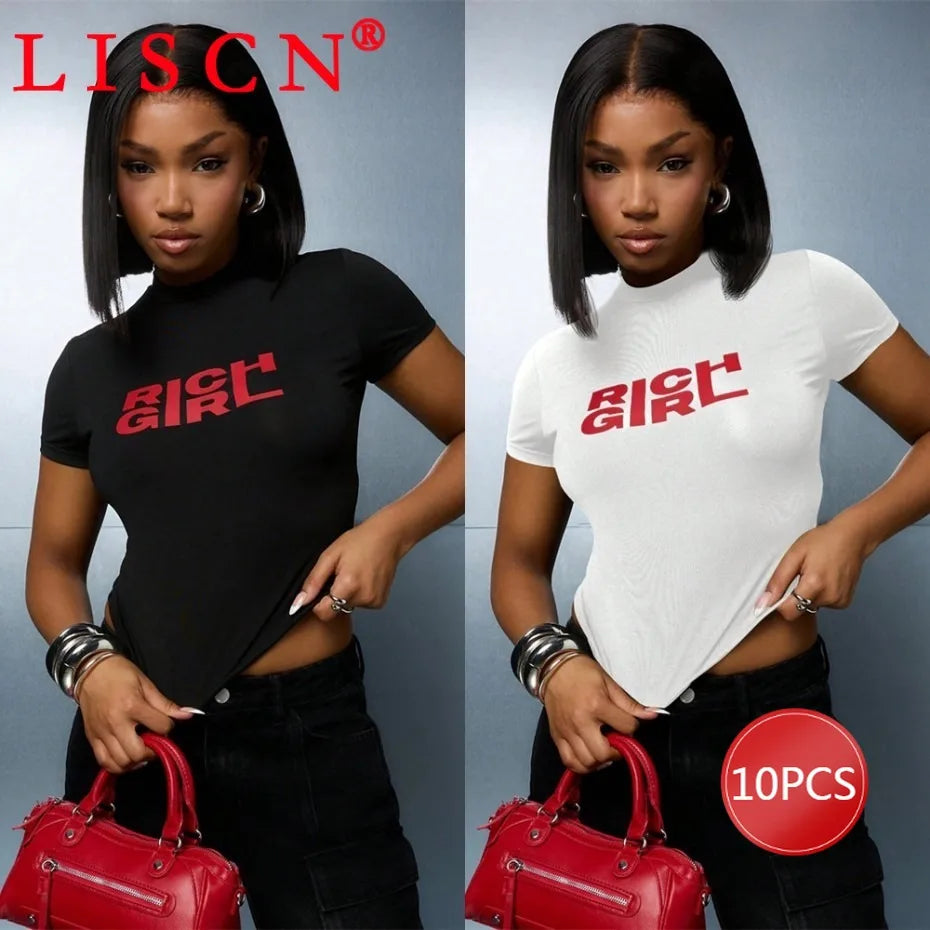 10 Bulk Items Wholesale Lots Tops T-shirt Women Summer 2025 Sexy Shirt Letter Printing Short Sleeve Crop Top Y2k Tees K14832