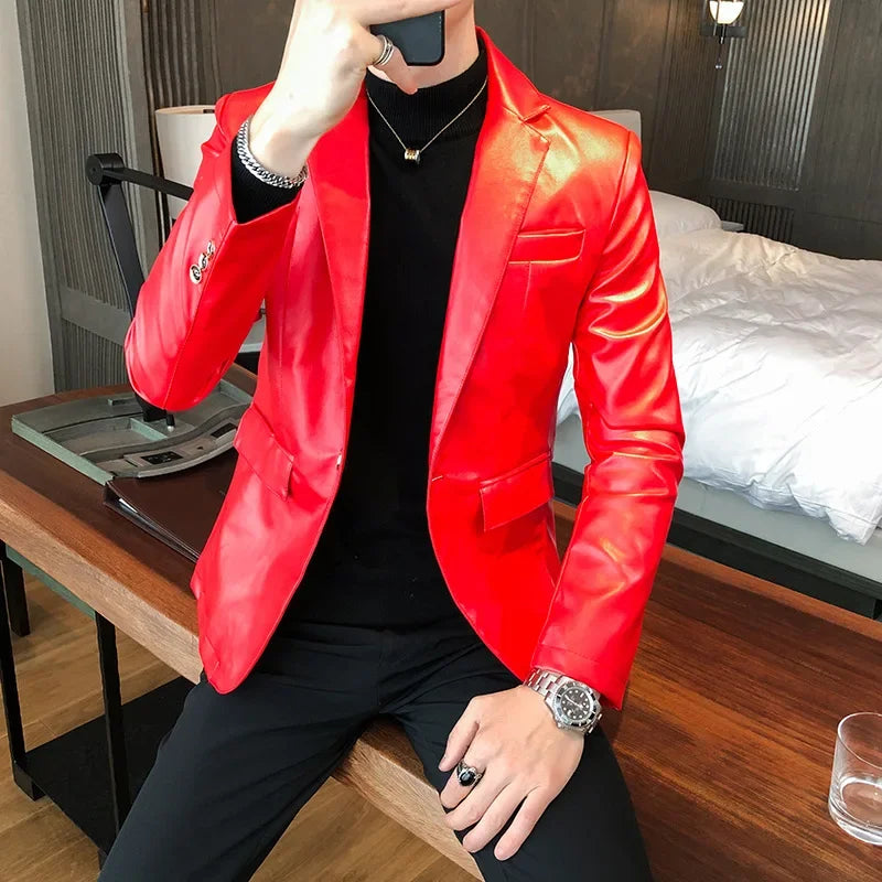 2023 Autumn Leather Jacket Men Slim fit Casual Business Blazer Masculino Solid Color Street Wear Social PU Coat Costume Homme