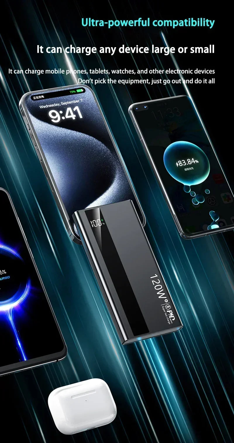 120W Power Bank 500000mAh High Capacity Super Fast Charging Power Bank Portable External Battery Charger For iPhone17 16 Huawei