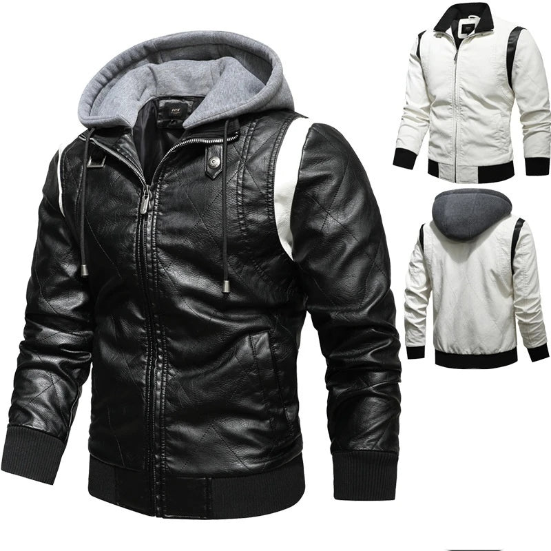 2025 New Men's Leather Jacket for Man Winter Warm PU Coat with Leather Hood Zippered Motorcycle Biker Jacket Autumn Clothes