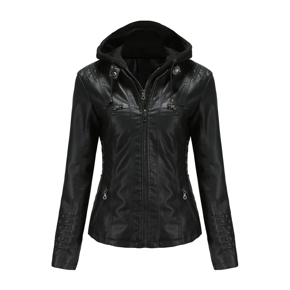 2025 New Hooded Leather Jacket Two-piece Detachable Large Size Leather Jacket for Women Spring and Autumn Coat for Women