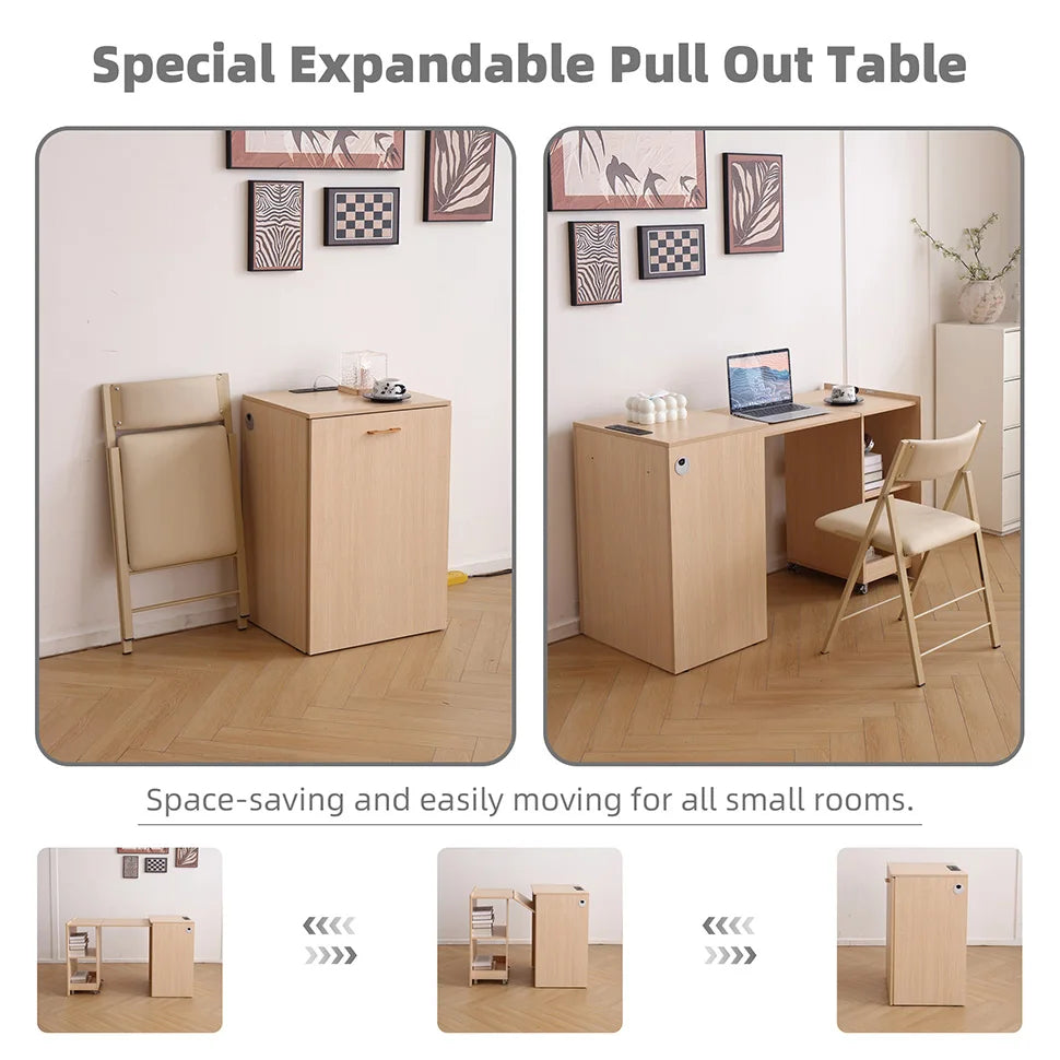 Wooden Home office Desk with Power Outlet, Storage Shelves & Wheels - Extendable Foldable table
