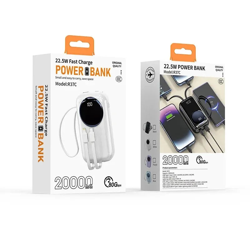 2025 New CCC Certified Power Bank – 22.5W Super Fast Charging with Built-in Cables 20000mAh  Charger Customizable R37C