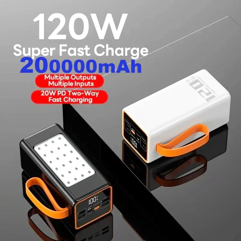 200000mah Super Fast Charging Power Bank 120W Portable Power Bank External Battery for Iphone 14 Pro Max Laptop with LED Light