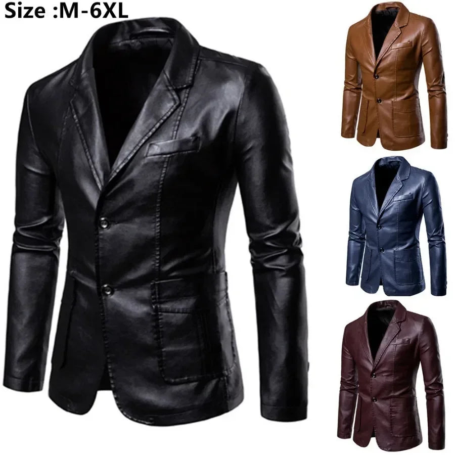2026 Men's Leather Suits Jackets Blazers Slim Fashion Male PU Leather Overcoats Blazers Jackets Coats Oversized Leather Jacket