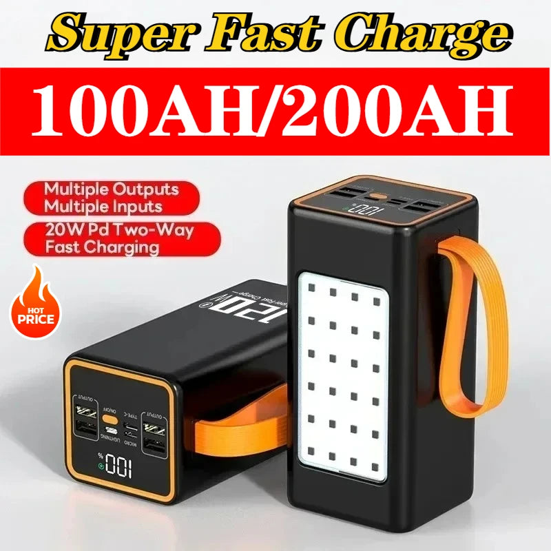 200000mah Super Fast Charging Power Bank 120W Portable Power Bank External Battery for Iphone 14 Pro Max Laptop with LED Light