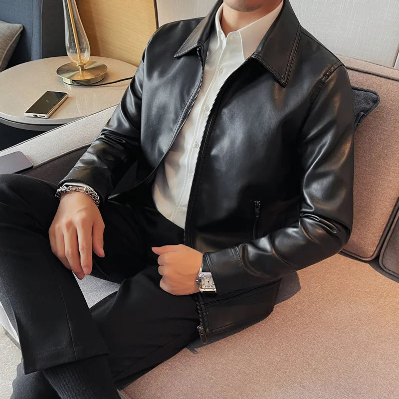 2024 Mens Fashion Leather Jacket Slim Fit Stand Collar Pu Jacket Male Anti-Wind Motorcycle Zipper Jackets Men 4Xl-M