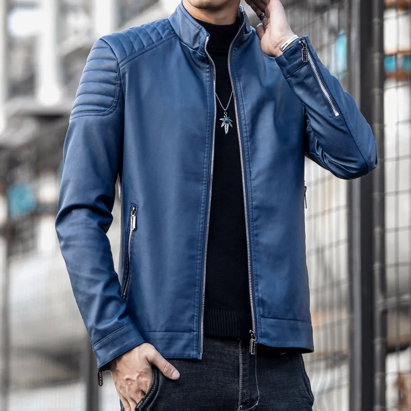 2024 Moto Pu Leather Jacket Men Winter Leahter Jacket Male Stand Collar Casual Windbreaker Trendy Mens Clothing Black Blue