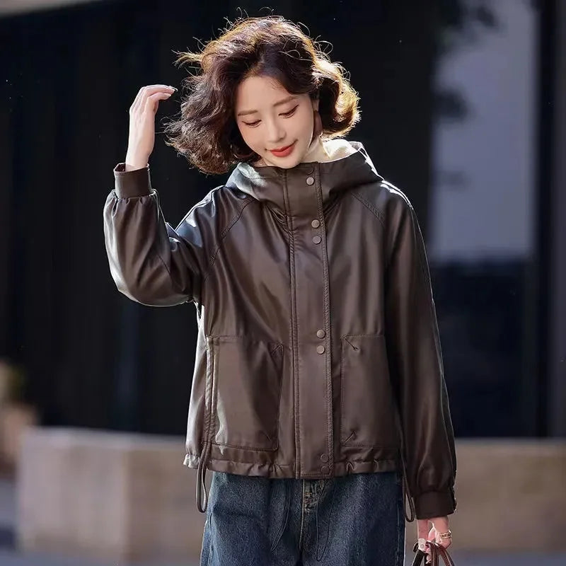 2025 Winter Leather Jacket Women Add-velvet Thicken Warm Coats Loose Hooded Short Jackets Streetwear Windproof Leather Outerwear